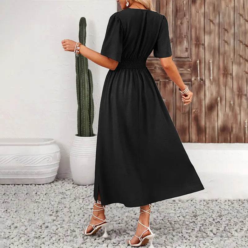 Chic Women's Pleated Ruffle Dress - V Neck Short Sleeve Summer Style - Buy Center