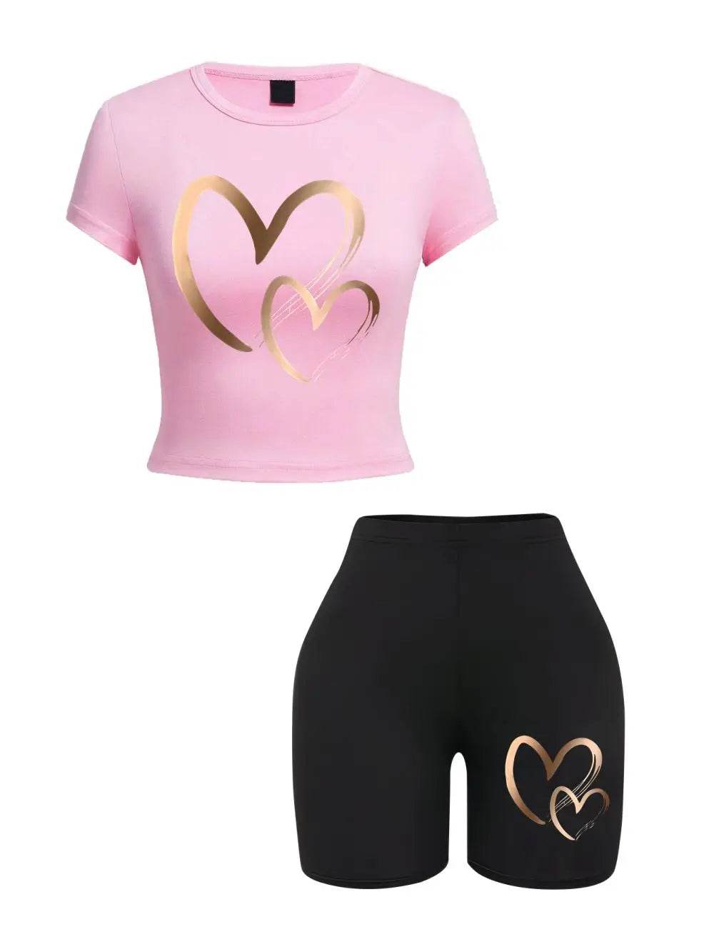 Teekossc Summer Women’s Slim-fit T-Shirt & Shorts Set - Hearts Print - Buy Center