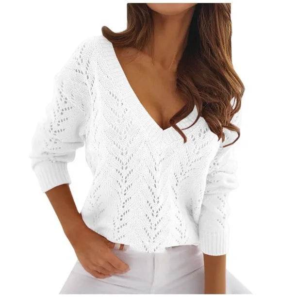 Casual V-Neck Mocha Knitwear Sweater - Autumn Solid Color for Women - Buy Center