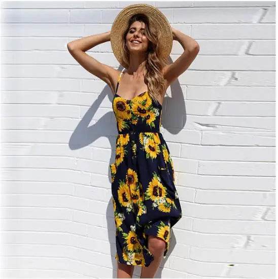 Women's Beach Print Midi Dress - Spaghetti Strap V-Neck Style - Buy Center