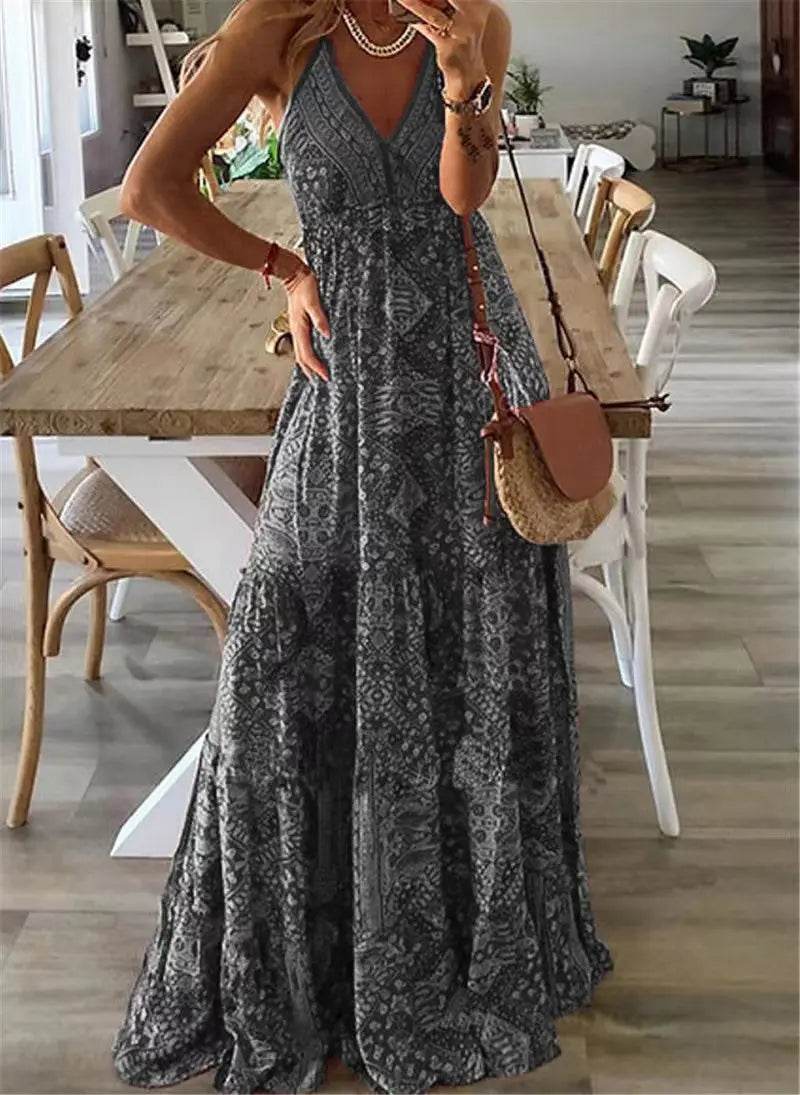 Bohemian V-Neck Floral Dress - High Waist Spaghetti Strap Style - Buy Center