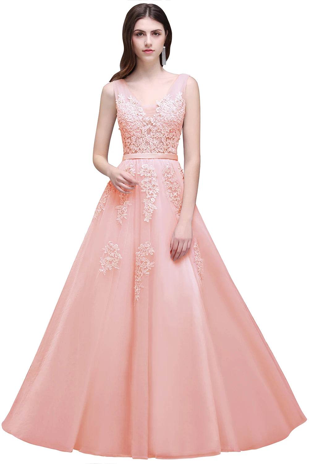Elegant A-Line V-Neck Tulle Dress - Sleeveless Prom Gown for Women - Buy Center