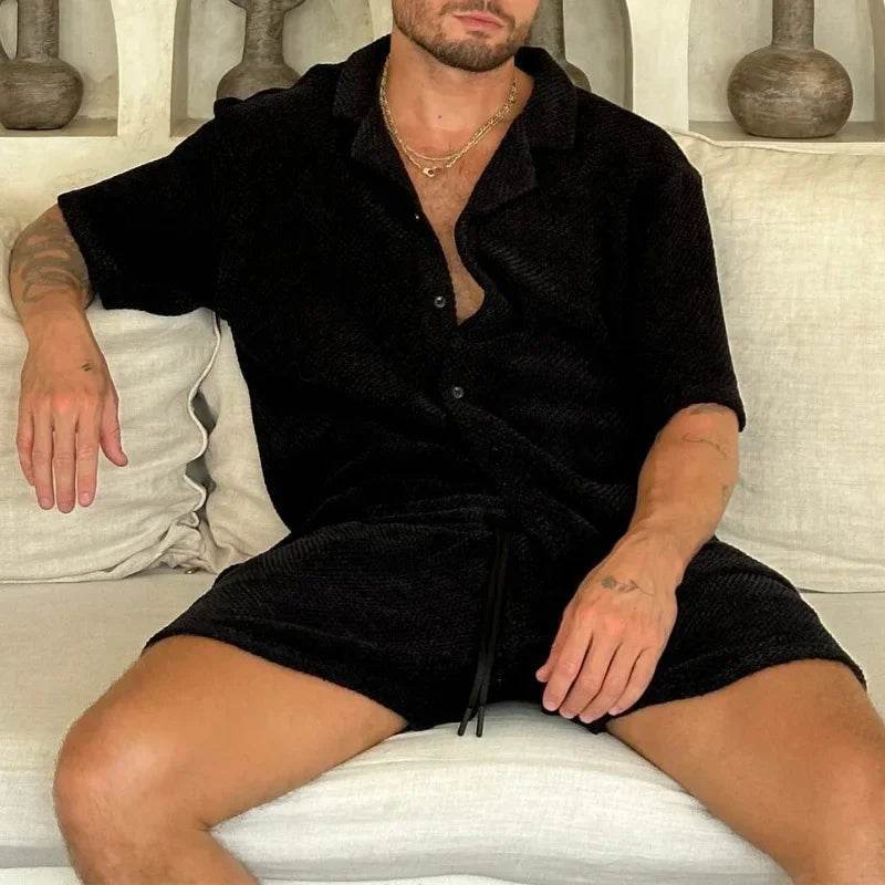 Men's Casual Summer Set - Breathable Knitted Short Sleeve Shirt & Shorts - Buy Center