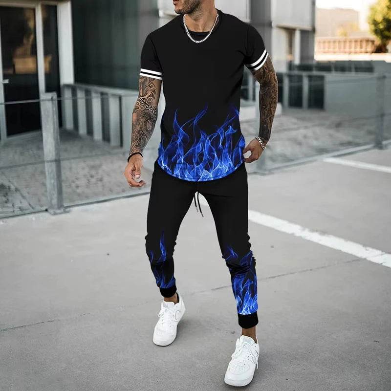 Flame 3D Printed Casual Summer Set - Short Sleeve T-Shirt & Pants - Buy Center