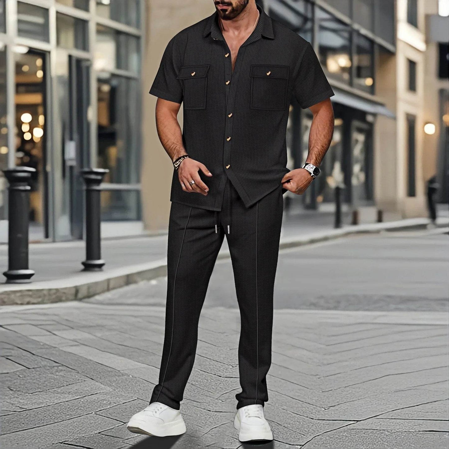 Men's Casual Short-Sleeved Waffle Check Shirt - Summer Fashion Set - Buy Center