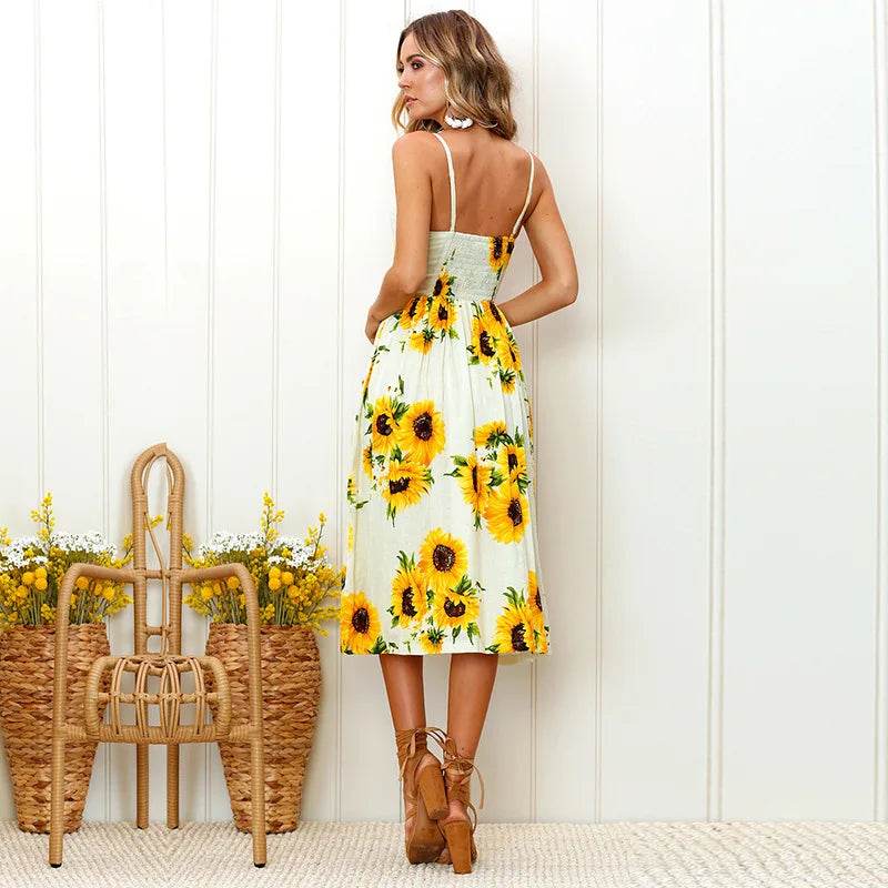 Women's Beach Print Midi Dress - Spaghetti Strap V-Neck Style - Buy Center