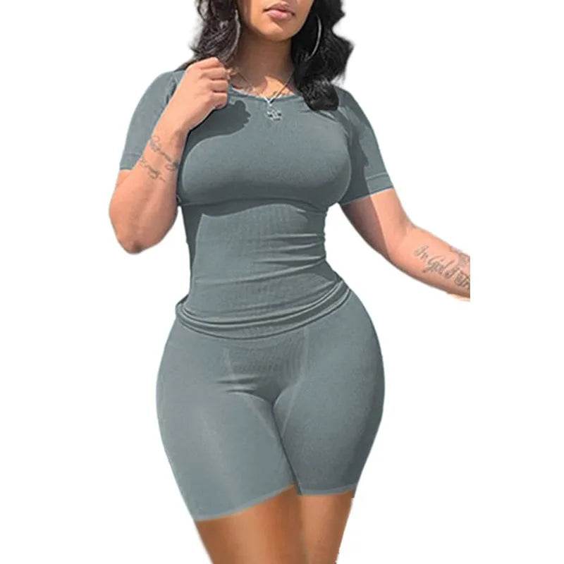 Women's Casual Ribbed 2 Piece Summer Shorts Set - Short Sleeve Top - Buy Center