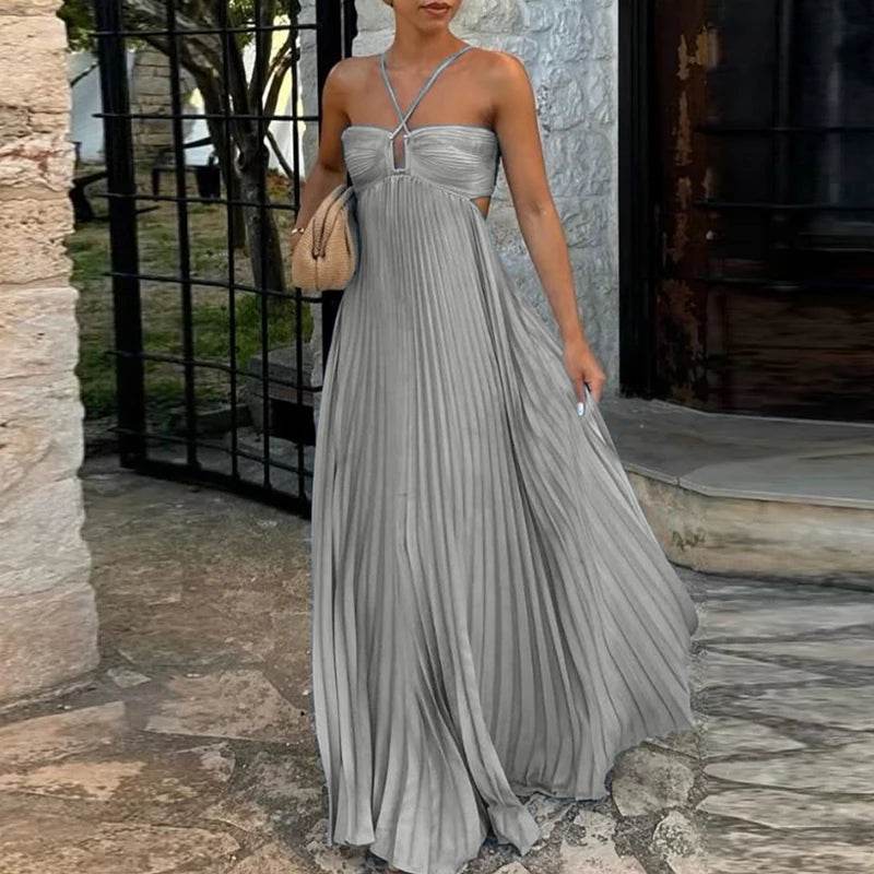 ELSVIOSE Blue High Waist Pleated Dress - Sexy Halter Sleeveless Summer - Buy Center
