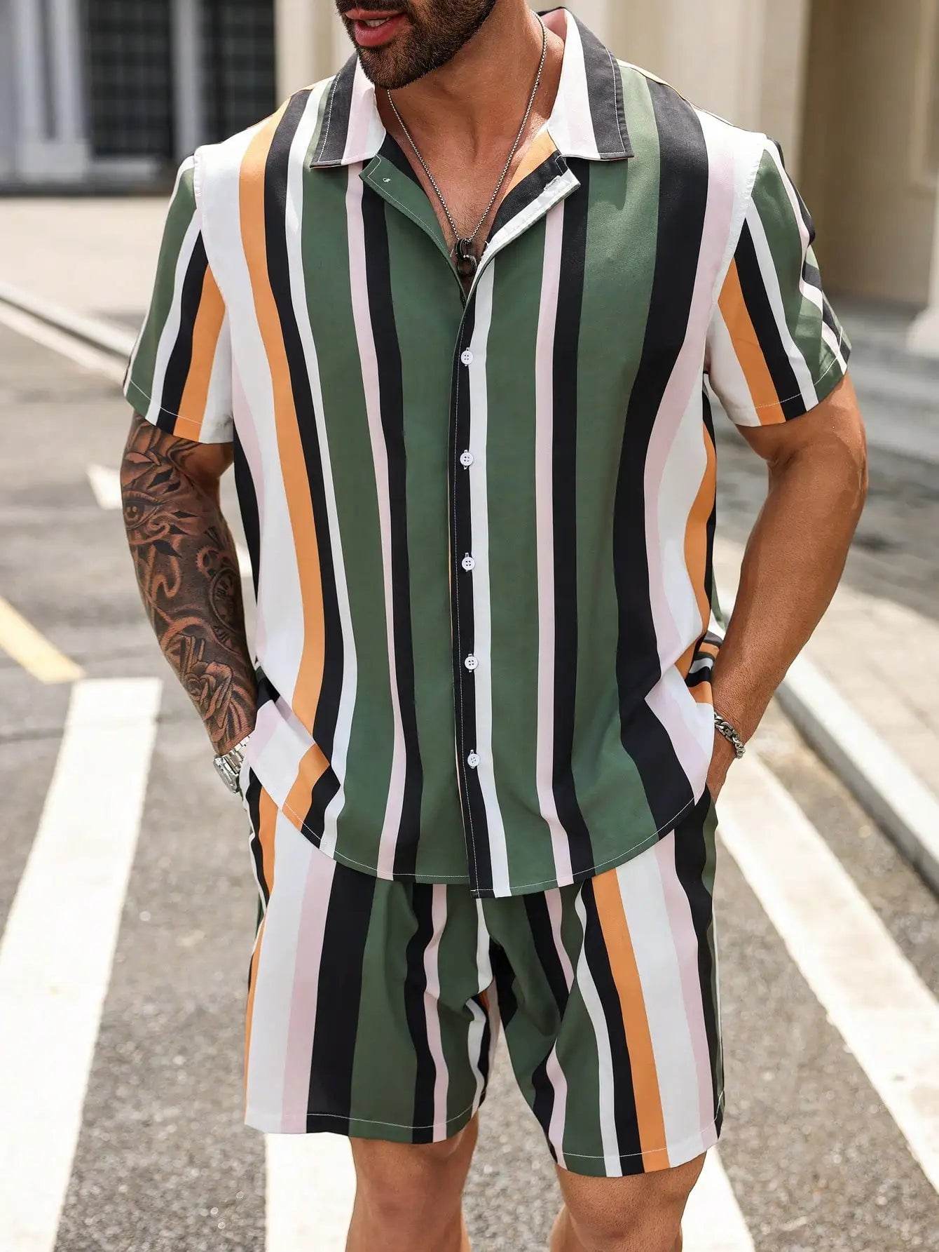 Men's Summer Stripe 3D Print Shirt & Drawstring Shorts Set - Buy Center