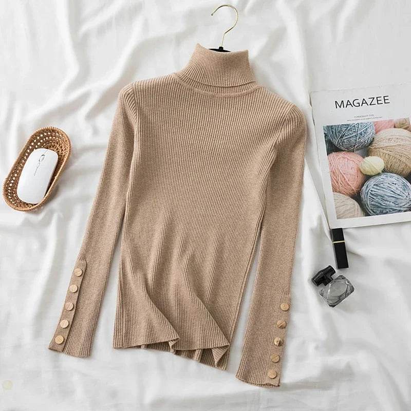 AOSSVIAO Women's Knitted Turtleneck Sweater - Button Long Sleeve - Buy Center