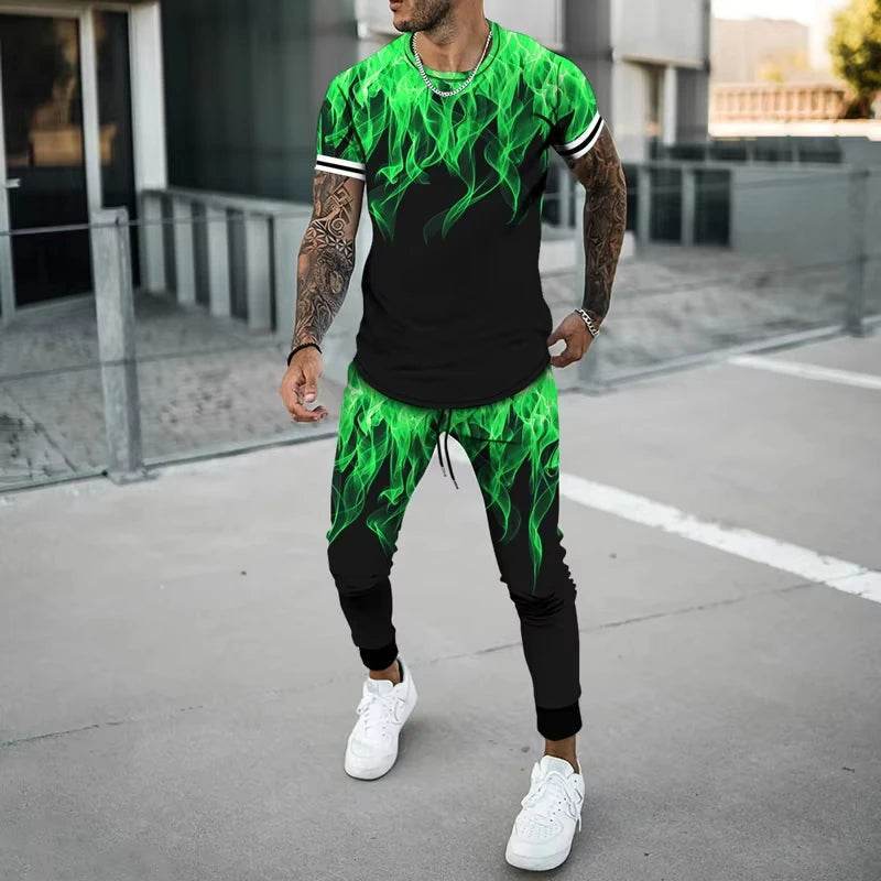 Flame 3D Printed Casual Summer Set - Short Sleeve T-Shirt & Pants - Buy Center