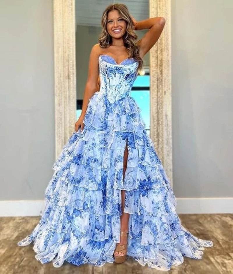 TSxuelian Floral Tiered Prom Dress - Strapless Ruffle Evening Gown - Buy Center