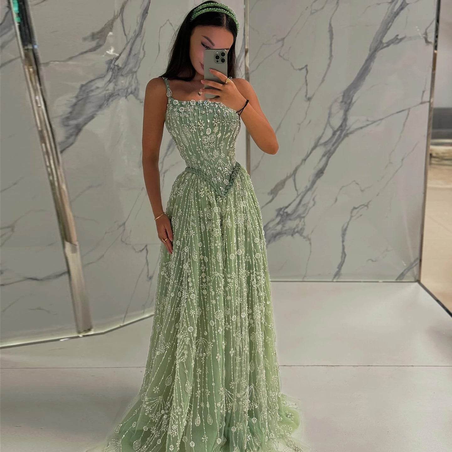 Elegant Sage Green Evening Dress - Sharon Said Spaghetti Straps - Buy Center