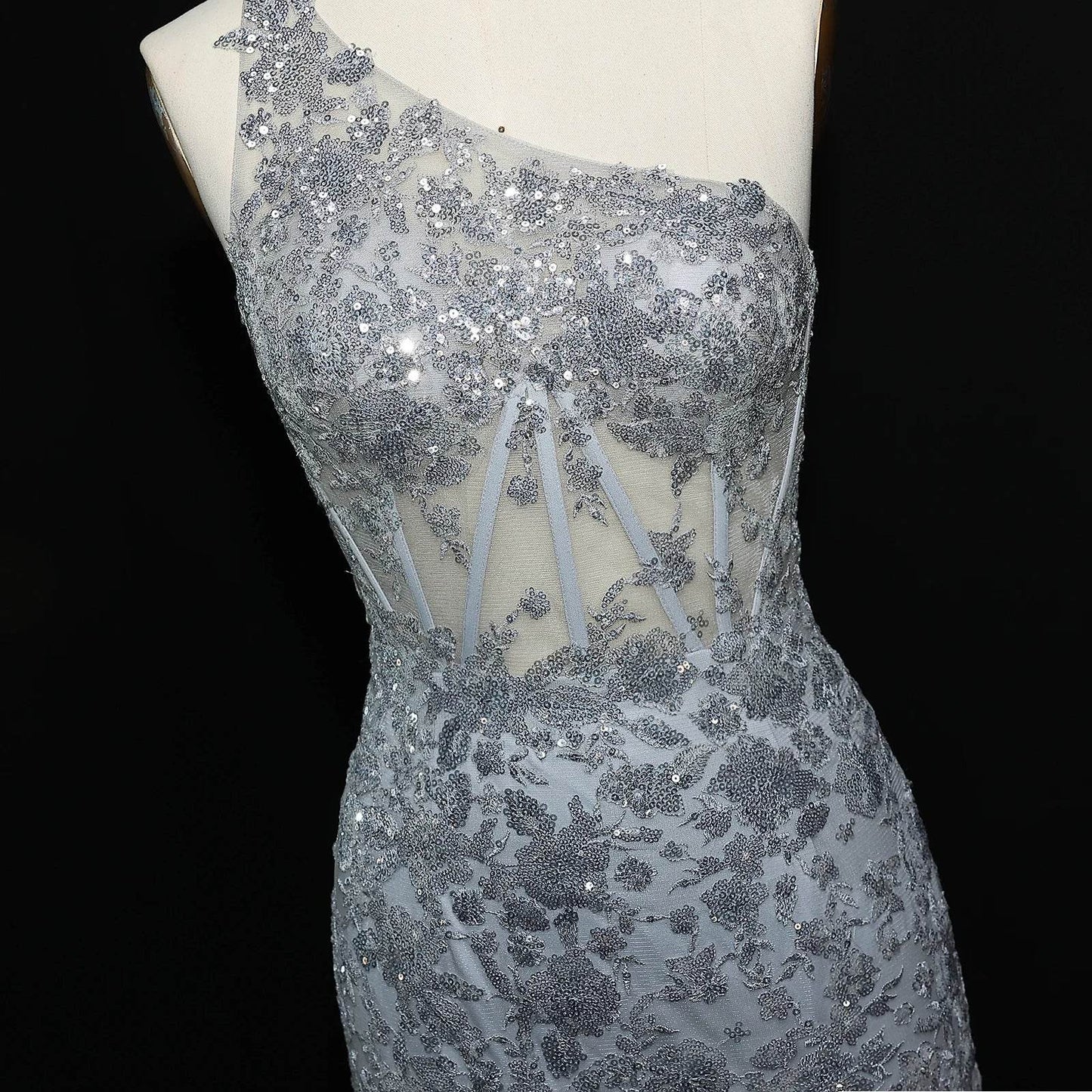 Sharon Said Sequin Evening Gown - One-Shoulder High Side Slit Dress - Buy Center