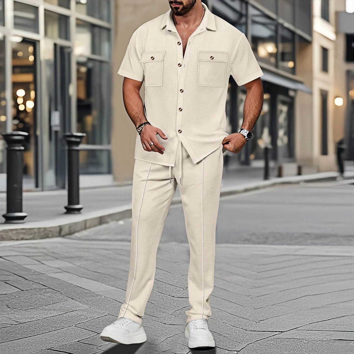 Men's Casual Short-Sleeved Waffle Check Shirt - Summer Fashion Set - Buy Center