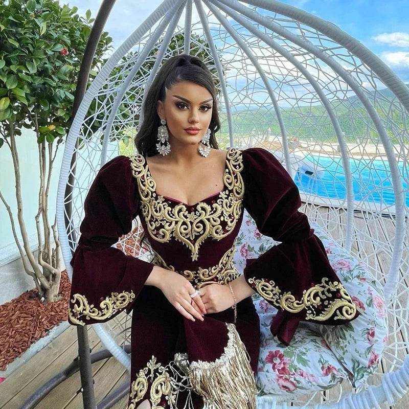 Gendriergarcia Burgundy Mermaid Caftan Dress - Appliques & Long Sleeves - Buy Center