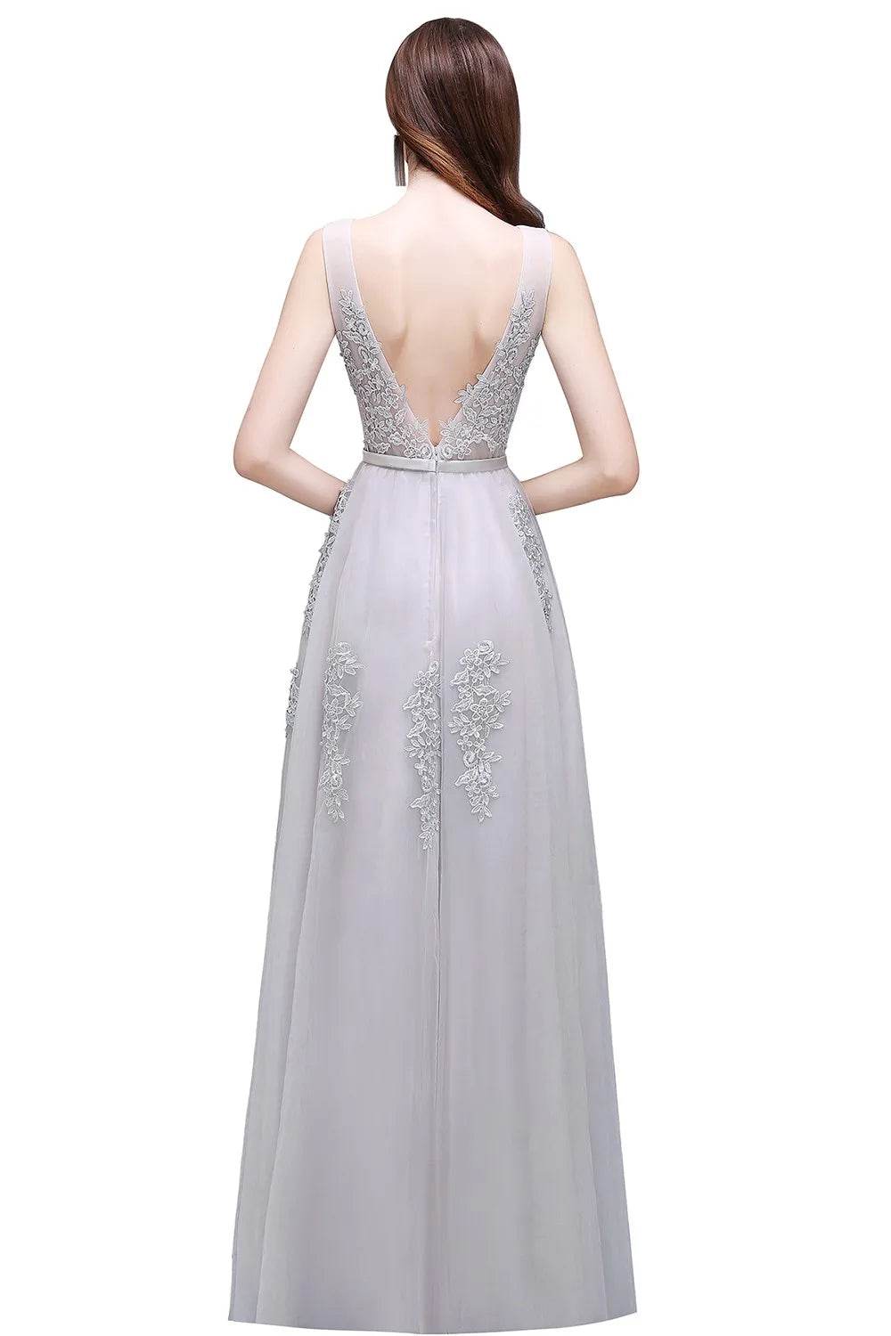 Elegant A-Line V-Neck Tulle Dress - Sleeveless Prom Gown for Women - Buy Center