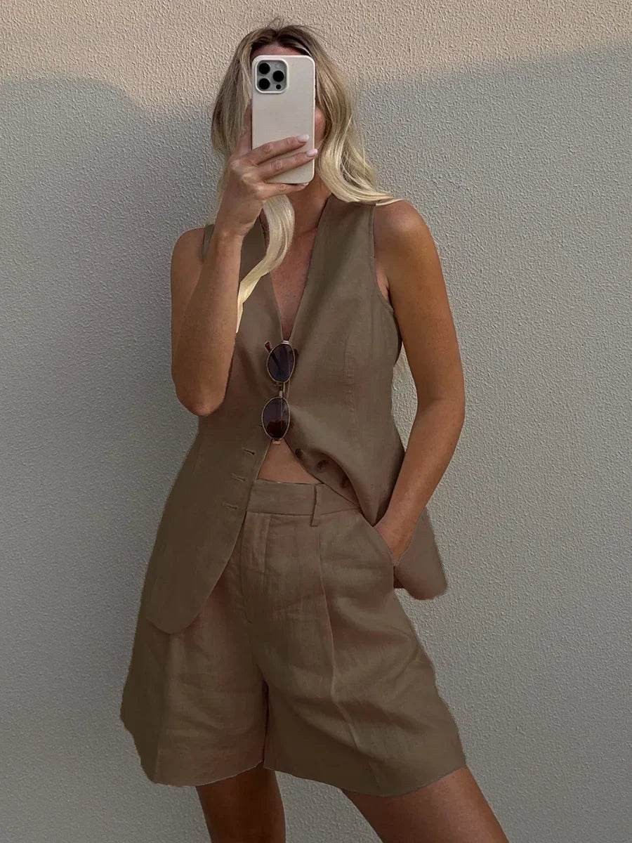 Orinchic Women's Casual Cotton Linen Vest Shorts Set for Summer - Buy Center