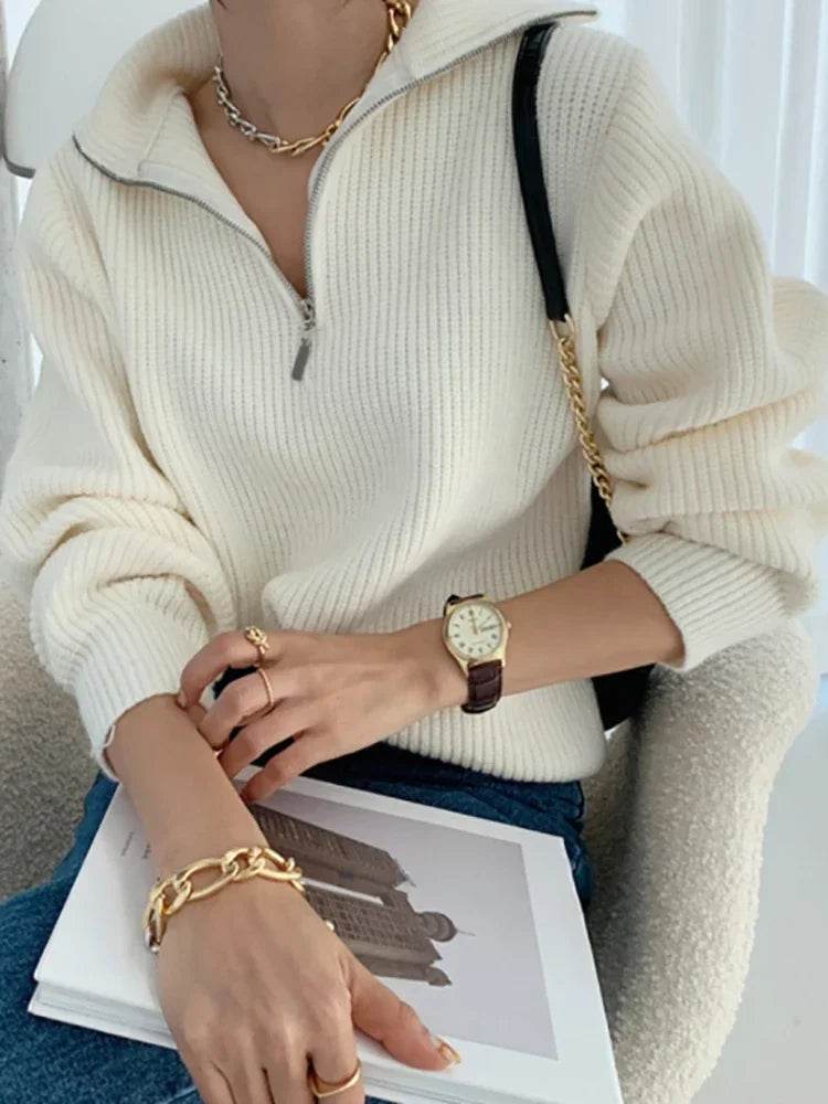 Casual Women's Turtleneck Sweater - Zipper Design, Loose Fit - Buy Center