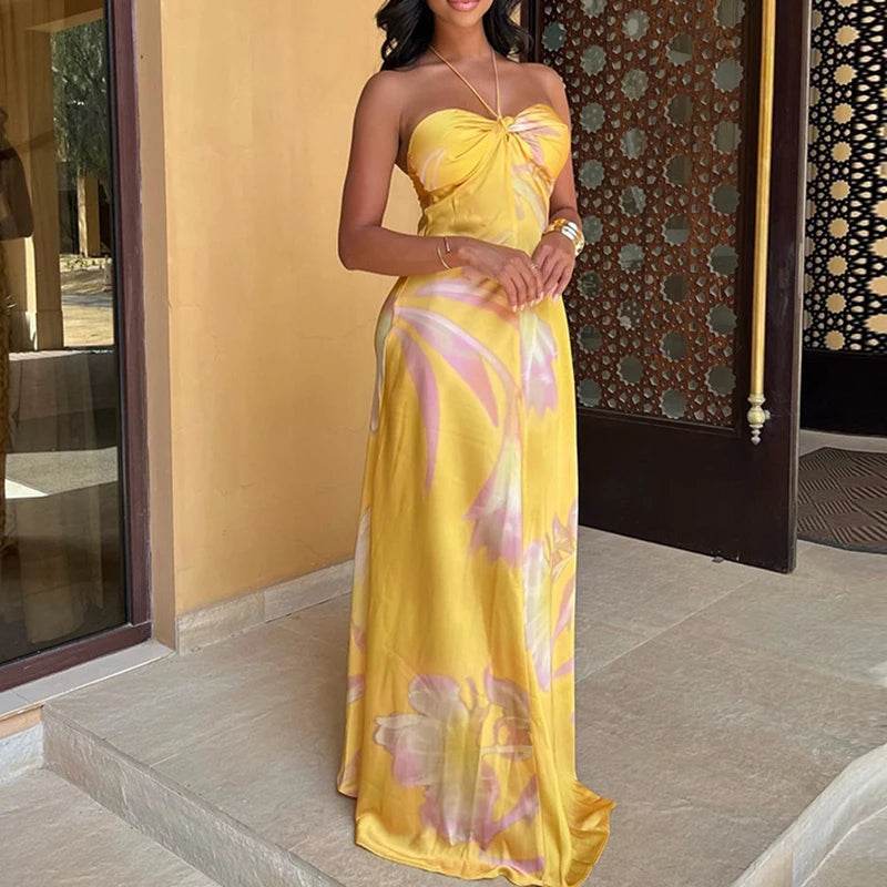 ELSVIO Women's Yellow Printed Halter Dress - Sexy Summer A-Line Style - Buy Center