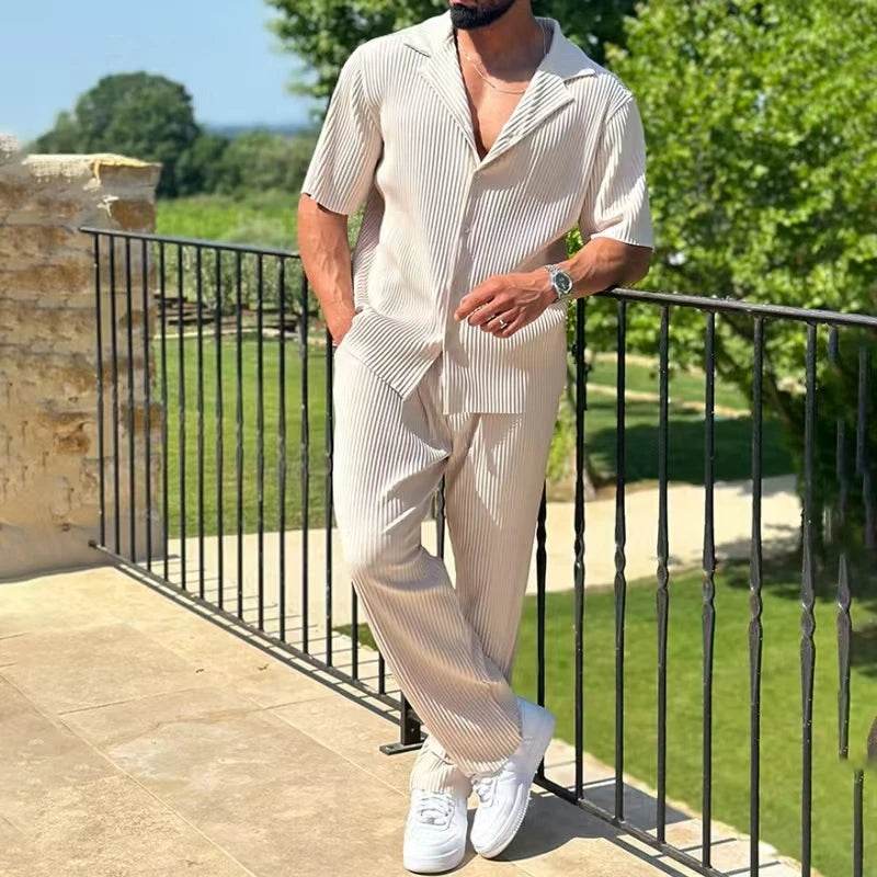 Men's Sportswear Set - Casual Solid Color Short Sleeve & Pants Suit - Buy Center