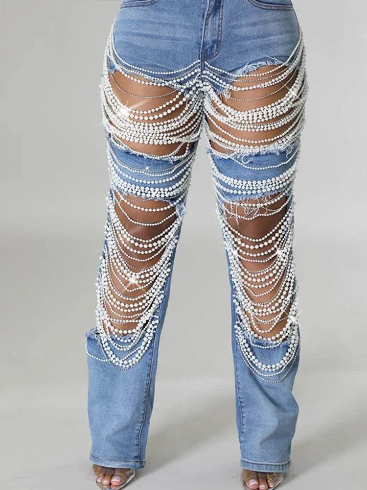 Women’s Plus Size High Waist Pearl Jeans - Vintage Casual Streetwear - Buy Center