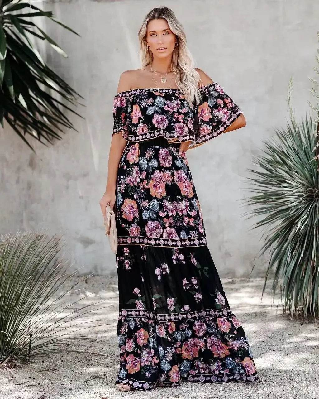 2024 Spring Summer Off-shoulder Red Floral Dress - Loose Fit Style - Buy Center