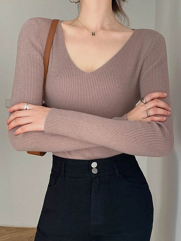 AOSSVIAO Women’s V Neck Sweater - Casual Slim-fit Long Sleeve Top - Buy Center