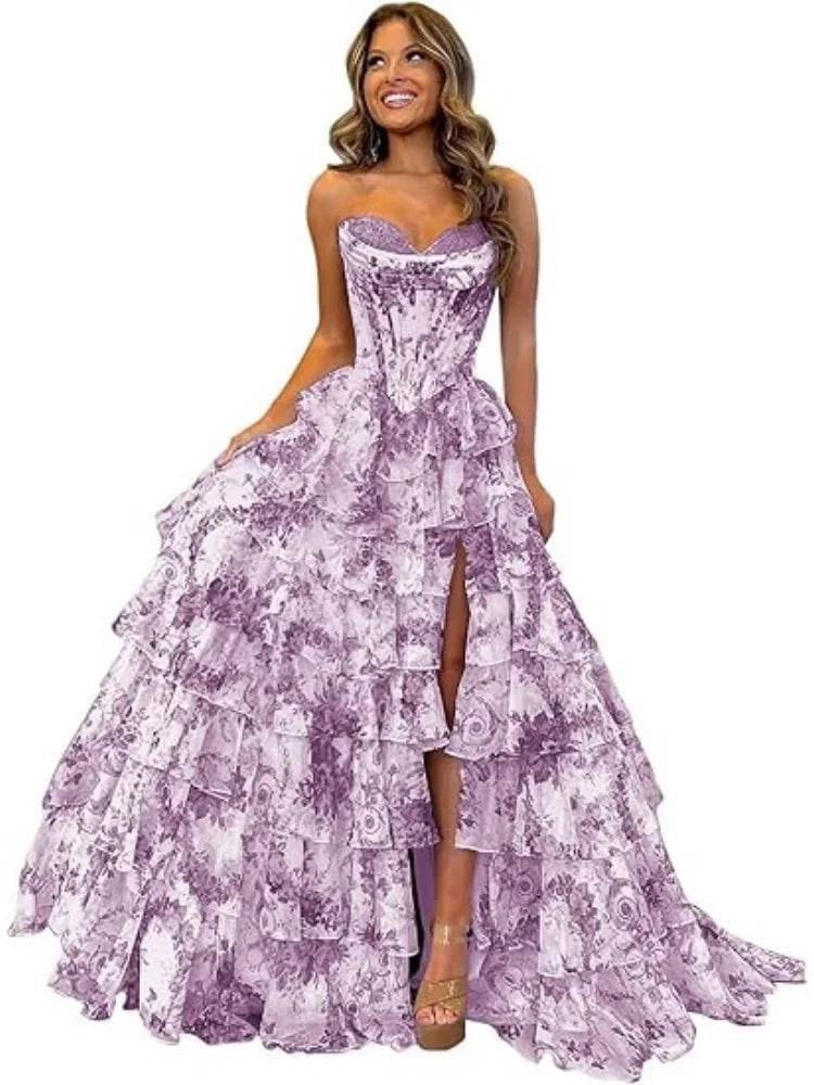 TSxuelian Floral Tiered Prom Dress - Strapless Ruffle Evening Gown - Buy Center