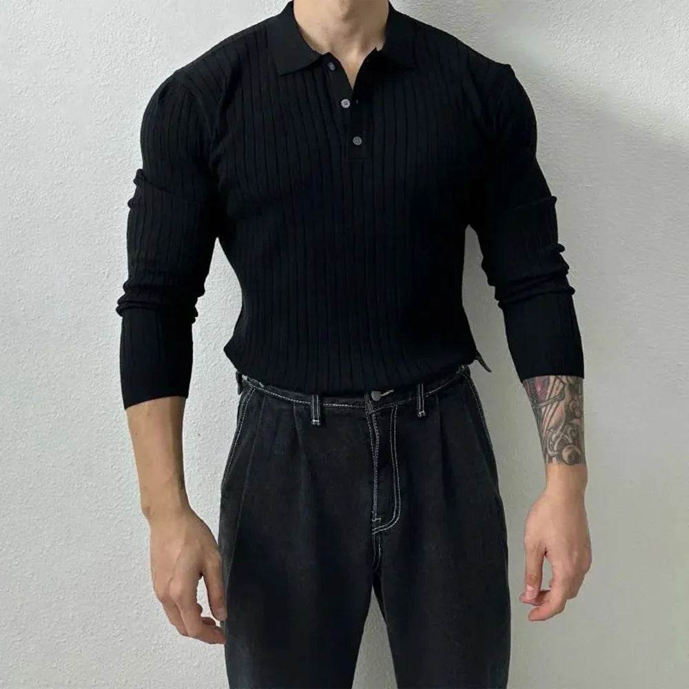 Mens Pullover Polo Korean Retro Stripe Temperament Ribbed Knit Top Autumn Slim Fit Long Sleeve Casual Trend Muscle Men's Clothes - Buy Center