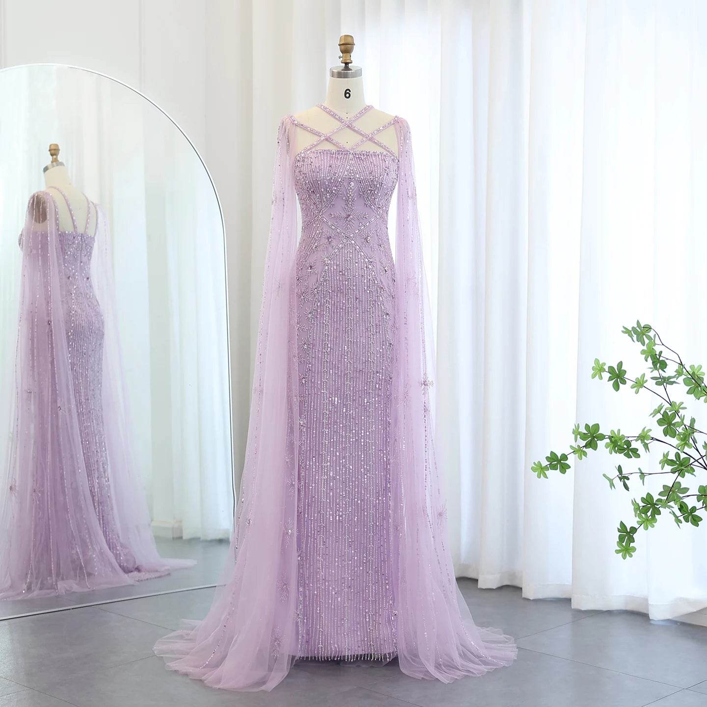 Sharon Said Aqua Lilac Mermaid Evening Dress with Cape Sleeves - Buy Center