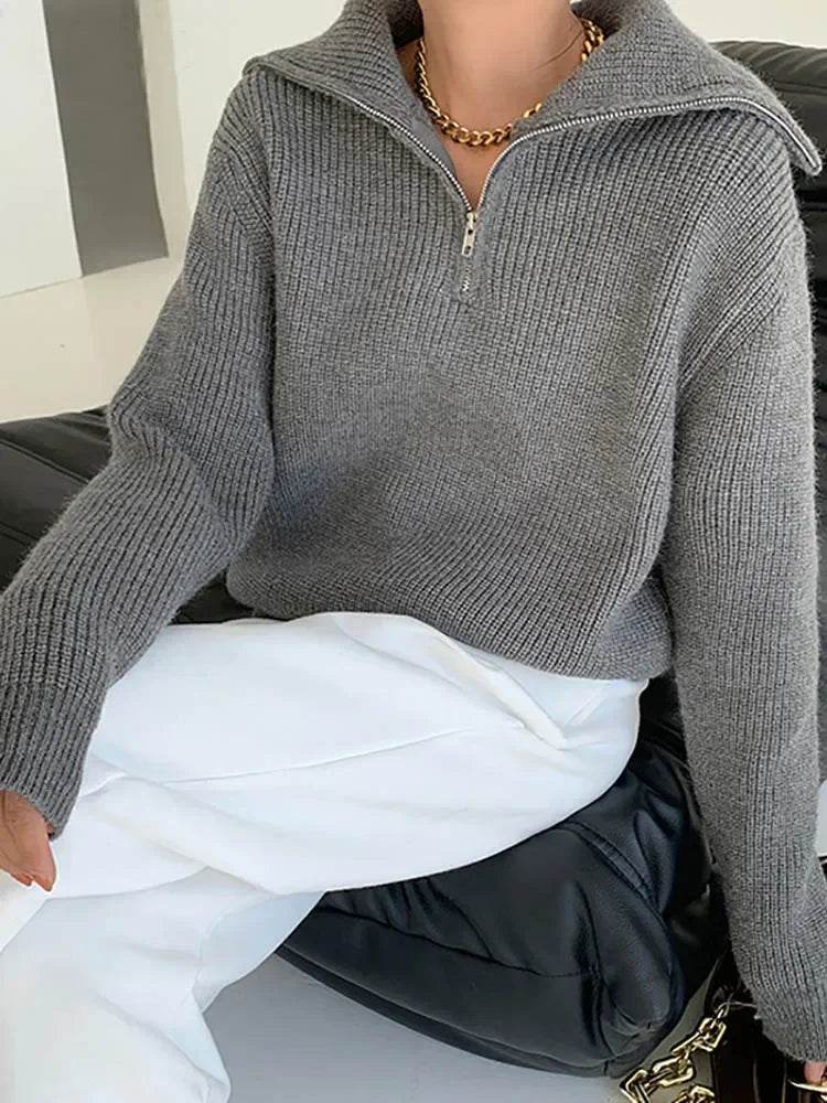 Casual Women's Turtleneck Sweater - Zipper Design, Loose Fit - Buy Center