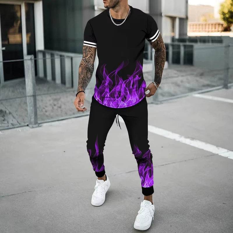 Flame 3D Printed Casual Summer Set - Short Sleeve T-Shirt & Pants - Buy Center