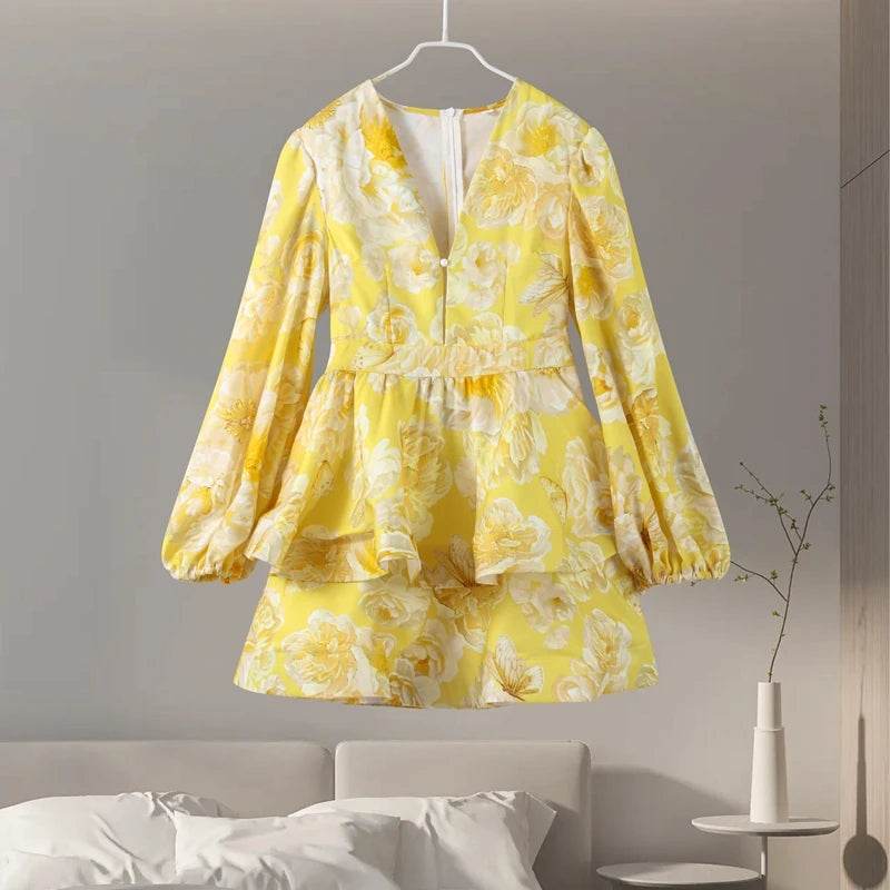 Elegant Ruffles Mini Dress for Women - Deep V Neck, Spring Fashion - Buy Center