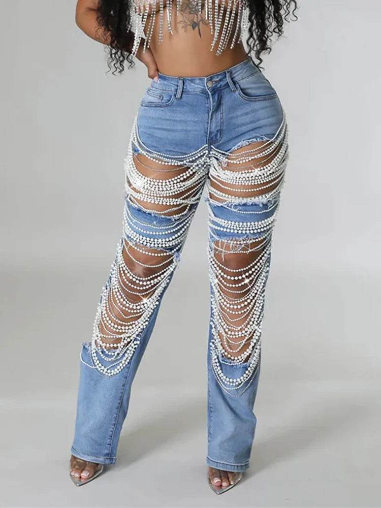Women’s Plus Size High Waist Pearl Jeans - Vintage Casual Streetwear - Buy Center