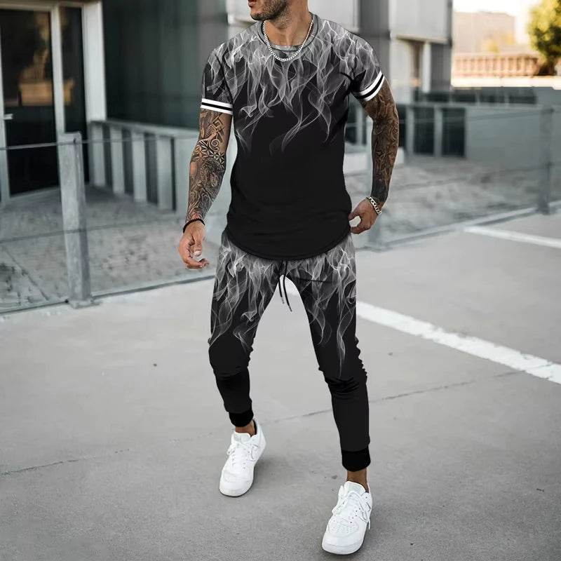 Flame 3D Printed Casual Summer Set - Short Sleeve T-Shirt & Pants - Buy Center