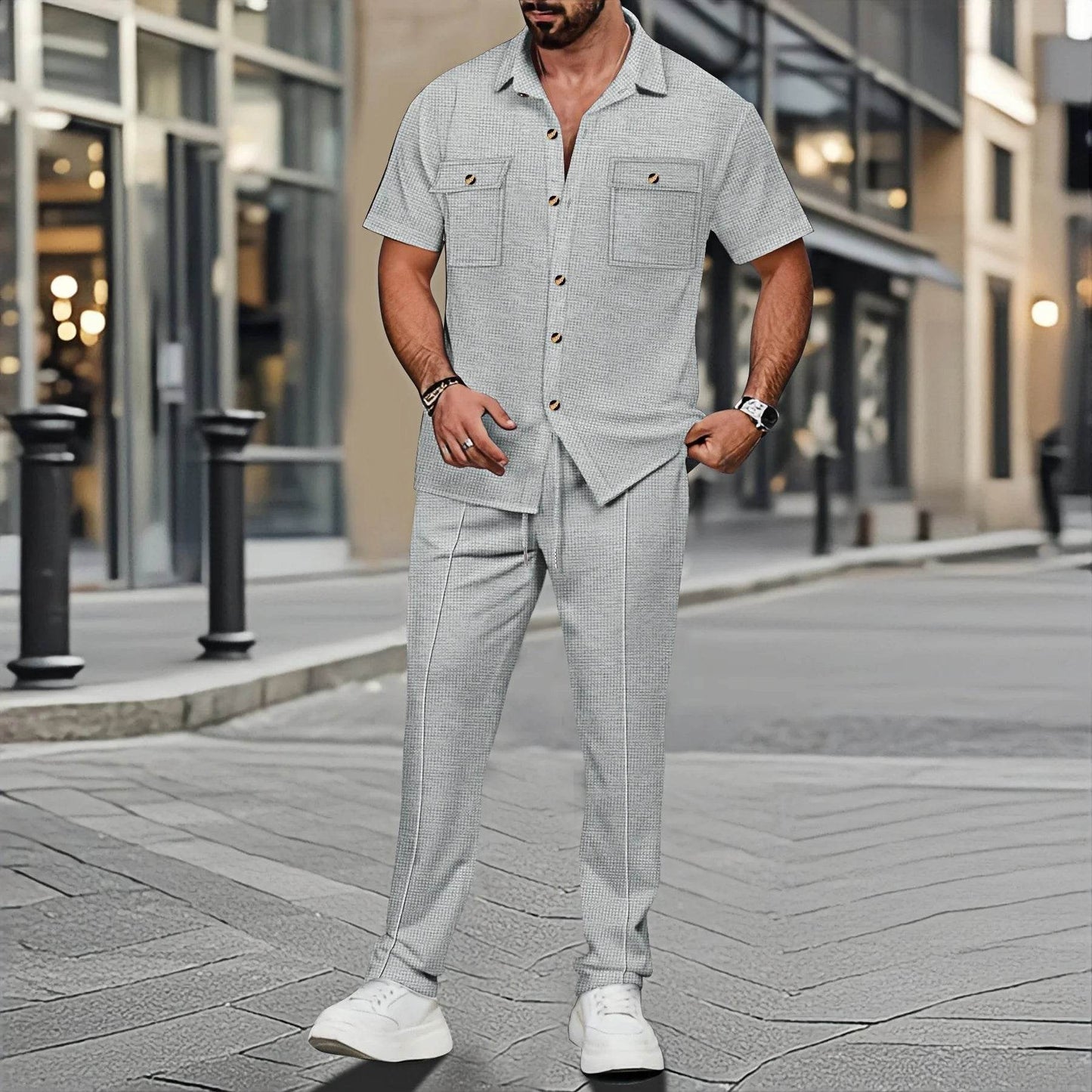 Men's Casual Short-Sleeved Waffle Check Shirt - Summer Fashion Set - Buy Center