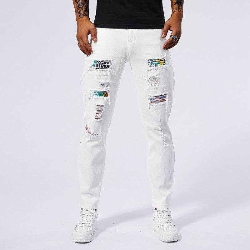 Men's Slim Fit White Ripped Jeans - Trendy Patchwork Style for 2025