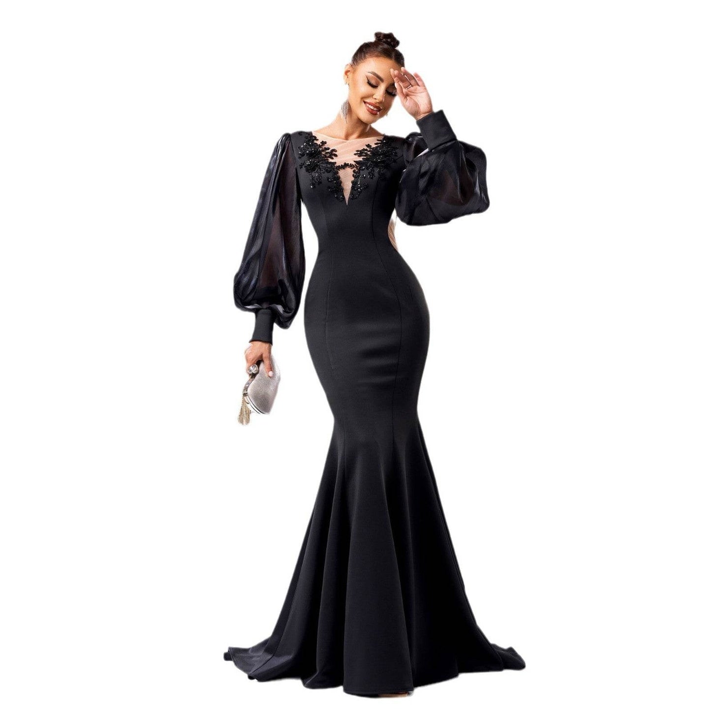 Elegant Long Sleeve Fishtail Dress - Applique & Sequin Details for Events - Buy Center
