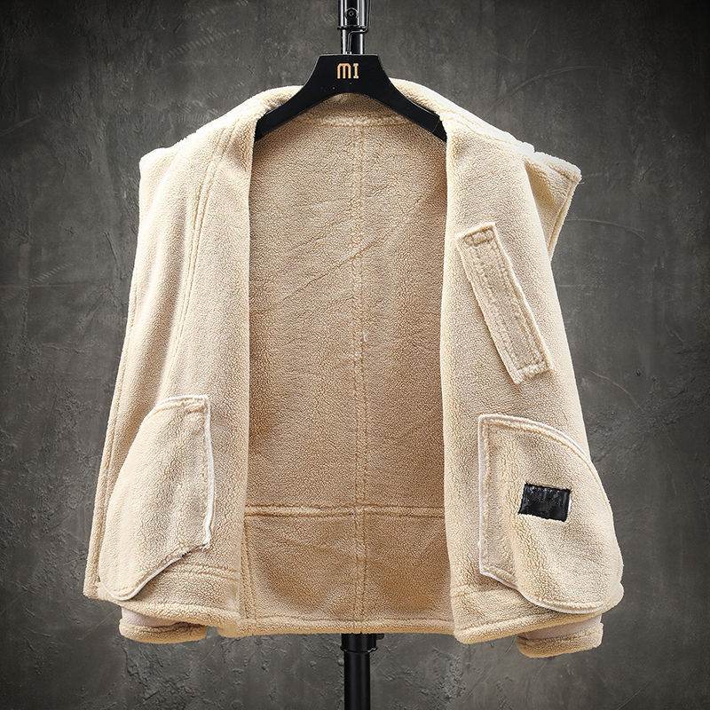 Short Lapel Men's Lamb Wool Jacket - Padded Plus Velvet in Khaki & Black - Buy Center
