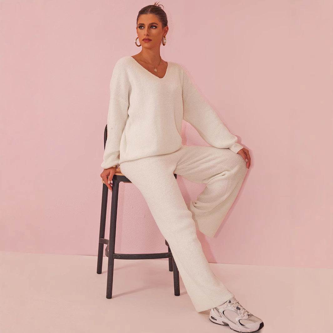 Stylish Knitted Sunken Stripe Long Sleeve Suit - Versatile Two-Piece Set - Buy Center