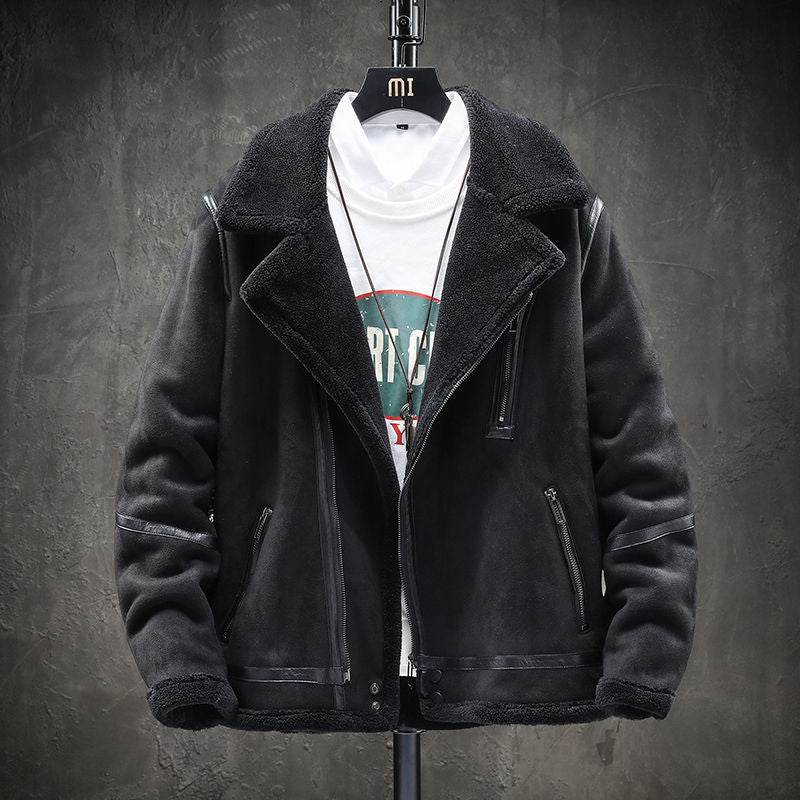 Short Lapel Men's Lamb Wool Jacket - Padded Plus Velvet in Khaki & Black - Buy Center