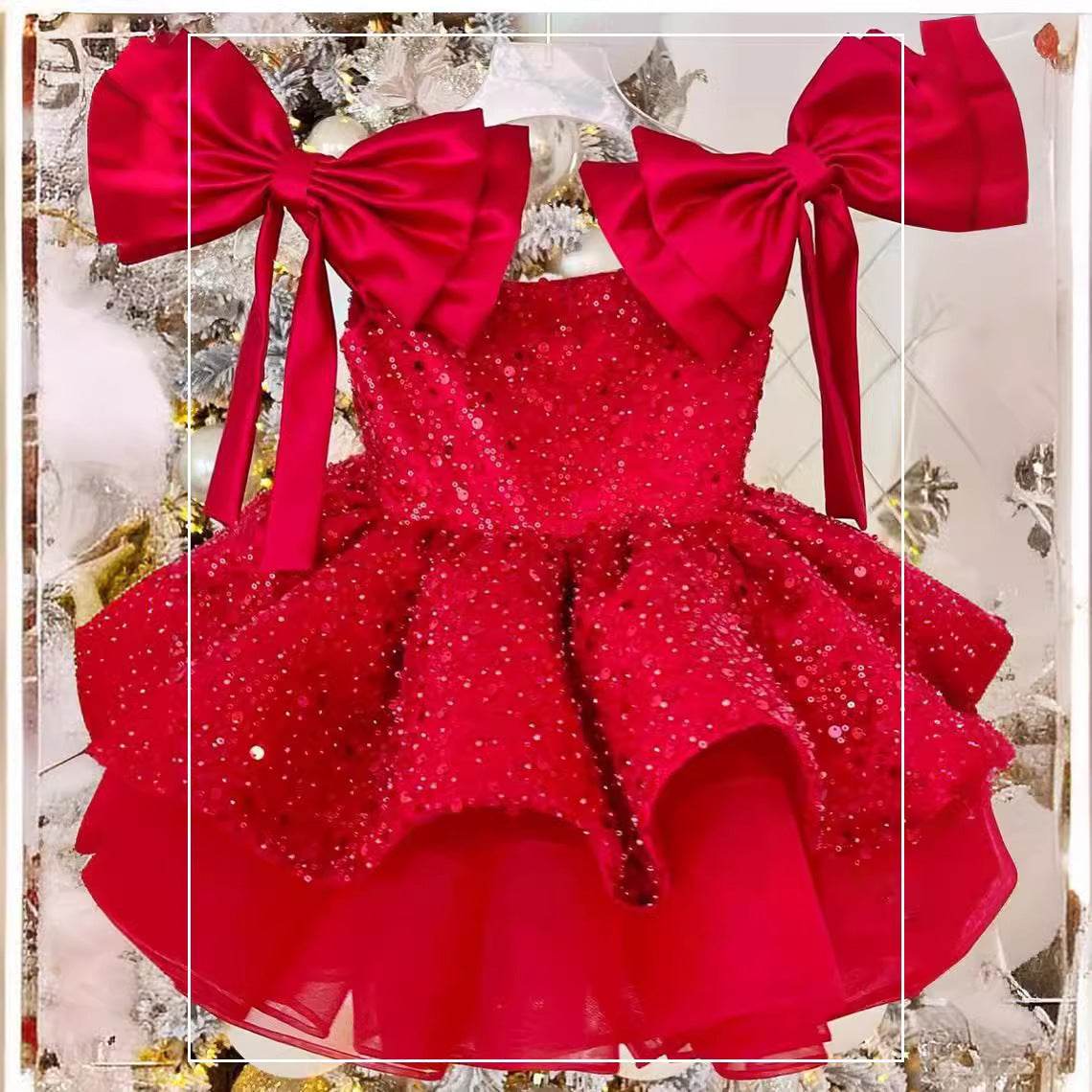 Girl’s Red Princess Dress - Tulle Skirt & Sequined Bow for Flower Girls - Buy Center