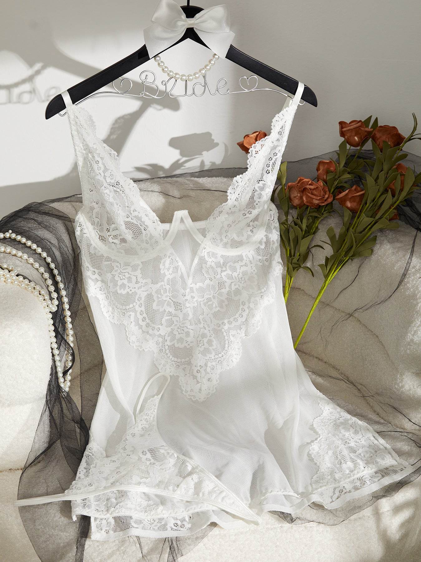 Elegant Cutout Sling Tulle Lace Pajamas for Women - See-Through Comfort - Buy Center