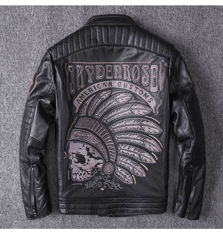 Men's Genuine Leather Motorcycle Jacket - Skull Design, Stand Collar - Buy Center