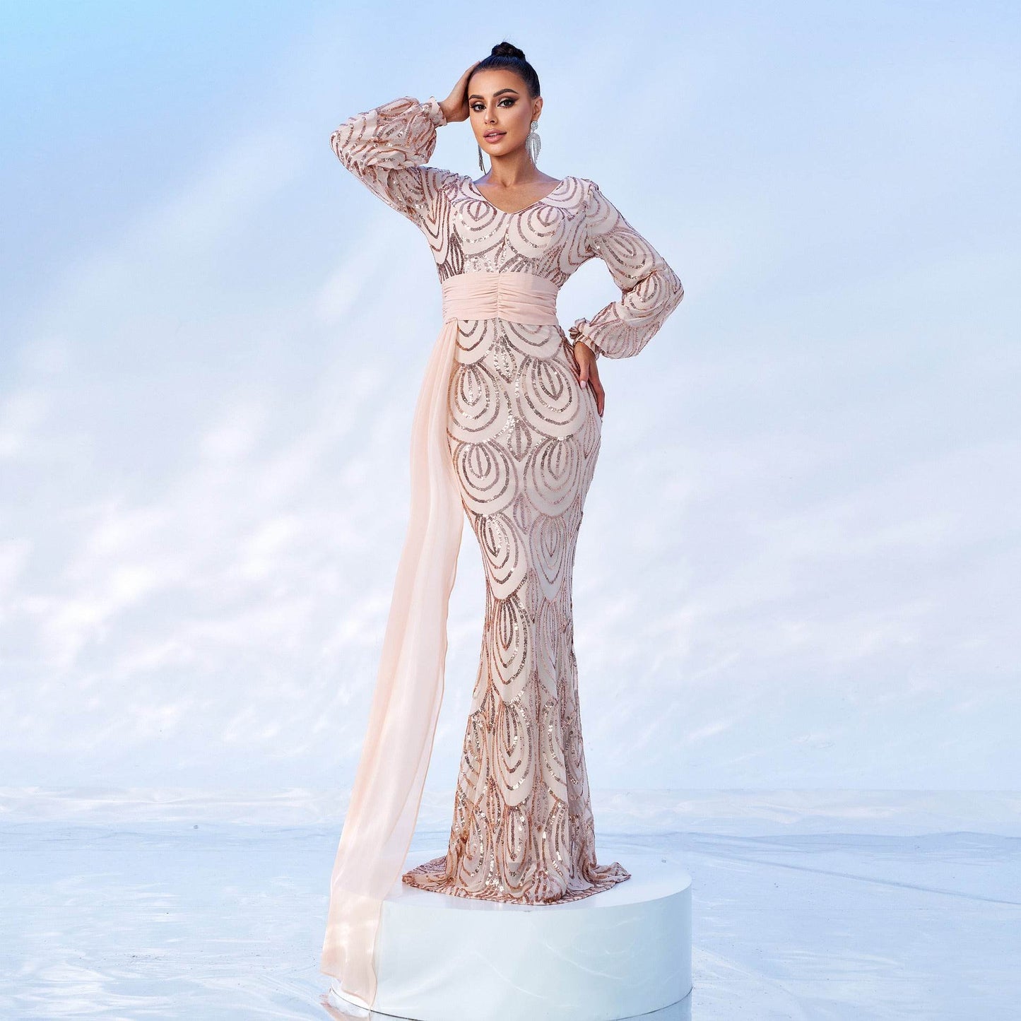 Elegant Long Sleeve Sequined V-Neck Dress - Perfect for Formal Events - Buy Center