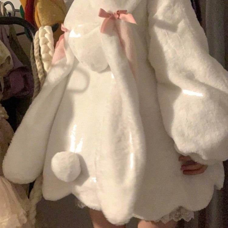 Cute Cashmere Hoodie Coat with Rabbit Ears - White, Stylish & Cozy - Buy Center