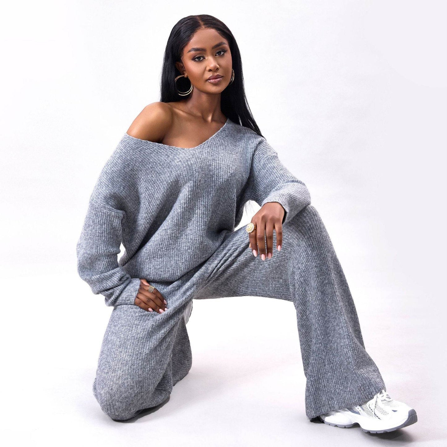 Stylish Knitted Sunken Stripe Long Sleeve Suit - Versatile Two-Piece Set - Buy Center