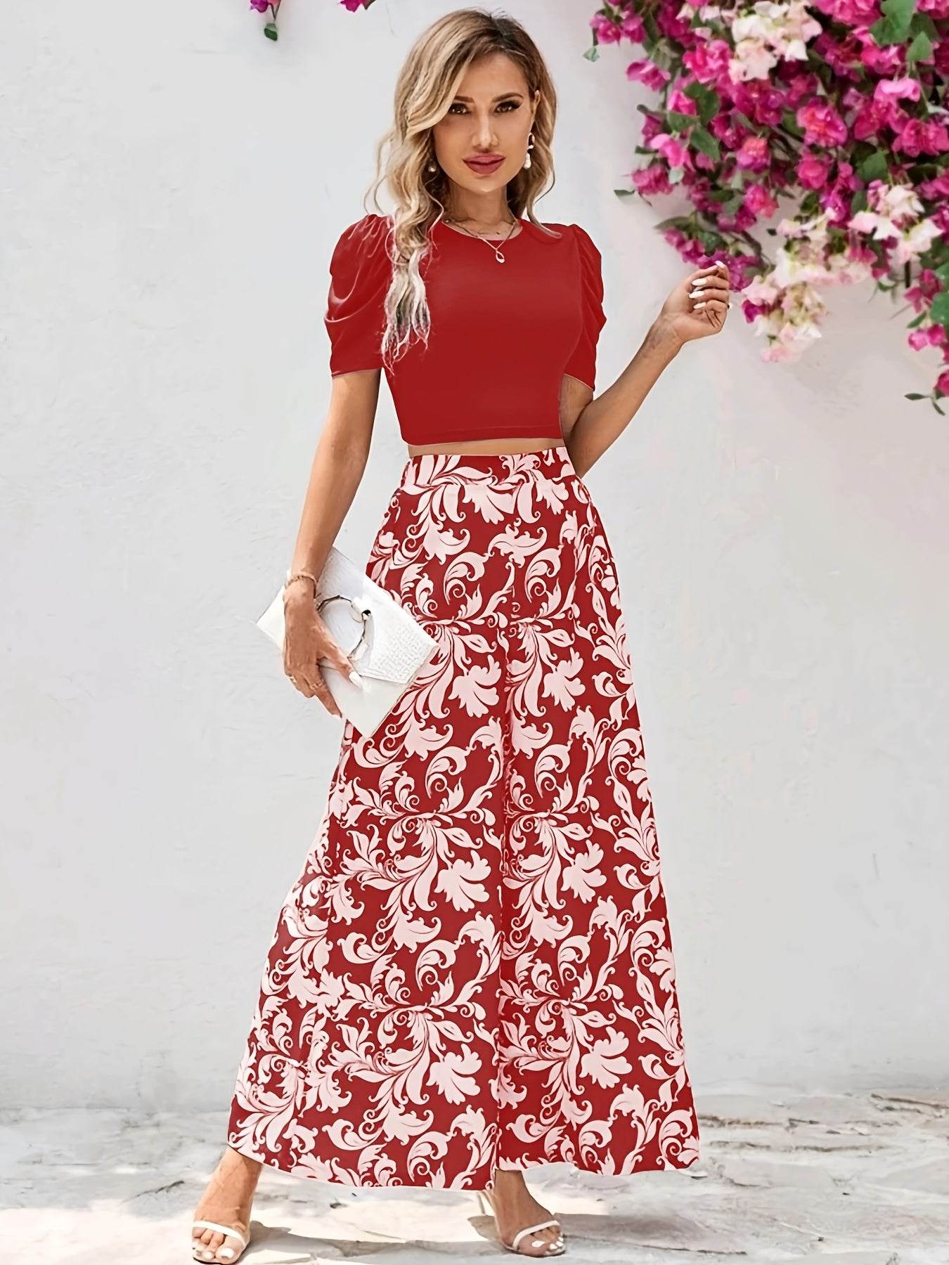 Women's Short Sleeve Top & Floral Pants Set - Elegant Spring Style - Buy Center