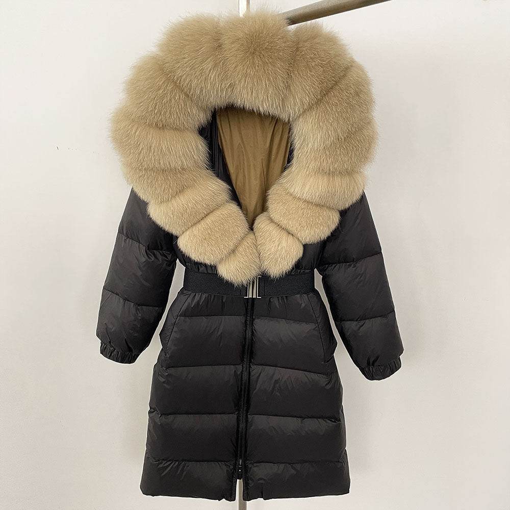 Women's Long Hoodie Coat - Real Fox Fur Collar, Padded Warmth 2025 - Buy Center